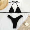 Flat lay of black pleated two-piece bikini set with straw hat on a white background - S / Black