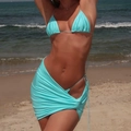 Close-up of light blue three-piece swimsuit featuring a ruched drawstring beach skirt - S / Sky Blue