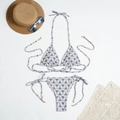 Two-piece plaid pattern bikini set with halter top and side-tie bottoms in blue and brown - S / Vintage Geometric Print (MK24116)