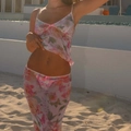 Bloemen mesh tweedelige strandset met spaghettibandjes top en lange rok met strikjes - S / Bloem