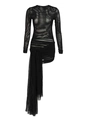 Detalle de vestido de malla negra con cintura fruncida y detalles de flecos fluidos - S / Negro