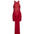 Vibrant red mesh halter mini dress featuring elegant ruching and long trailing ribbons - S / Red