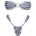 Navy blue striped bandeau bikini set with gold ring hardware and high cut bottoms - S / Striped