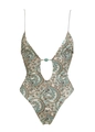 One-piece swimsuit with bohemian paisley print, deep V-neckline and turquoise stone detail - S / White Floral Print