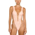 Sexy apricot pink one-piece swimsuit with waist cut-outs and colorful bead decorations - S / Pink