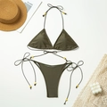 Deep olive green bikini set with neck ties and yellow beads on a vacation background - S / Army Green