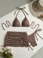 Conjunto de bikini de tres piezas en ganchillo marrón con patrón de hojas y accesorios - S / Marrón
