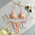 Floral bikini set with white lace trim and side-tie bottoms for summer beach vacations - S / Orange Yellow Small Floral