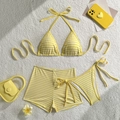 Bikini a tre pezzi a righe gialle e bianche in tessuto a coste con pantaloncini - S / Giallo
