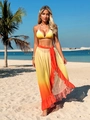 Three-piece yellow bikini set with sunset gradient mesh maxi skirt and ruffled details - S / Yellow