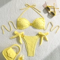 Bikini deux pièces jaune citron avec texture florale 3D et boucles décoratives marguerites - S / Jaune