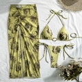 Three-piece olive green floral bikini set with halter top and drawstring beach skirt - S / As Shown