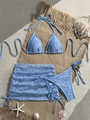 Detalle del bikini de encaje celeste de tres piezas con falda de ganchillo y conchas - S / Azul