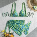 Detailed flat lay of blue floral three-piece bikini set with matching beach sarong wrap - S / Green