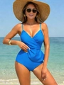 Detail of royal blue tankini set featuring V-neck pleated top and high waisted swim bottom - S / Blue