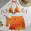 Dreiteiliger Bikini-Set in Orange-Verlauf mit strukturiertem Stoff und gerafftem Rock - S / Orange