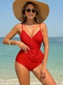 Detail of red tankini swimwear featuring a wrap V-neck and ruffled tummy control design - S / Red