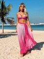 Detailed view of pink gradient bikini top and ruffled beach skirt for resort wear - S / Pink