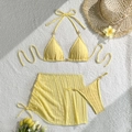 Three-piece bright yellow ribbed bikini set with floral metal detail and cover-up skirt - S / Yellow