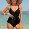 Chic black V-neck tankini set with ruffled wrap top and high-waisted bikini bottoms - S / Black