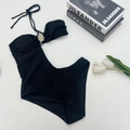 Chic black one-piece bikini with ribbed texture, halter neck, and gold B-shaped metal buckle - S / Black
