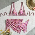 Three-piece purple daisy floral bikini set with matching sarong and gingham straps - S / Pink