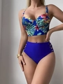 Detail of tropical floral bikini top with underwire and blue high waist cutout bottoms - S / Blue