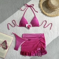Dreiteiliges Bikini-Set mit Farbverlauf in Pink, Blumendetail und Netz-Strandrock - S / Rosé