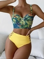 Detail of high waisted yellow bikini bottom with side cut-out crisscross strappy details - S / Yellow
