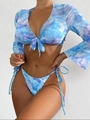 Set bikini tre pezzi con stampa astratta blu e viola e copricostume in rete con lacci - S / Come mostrato