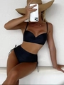 Bikini sexy de dos piezas negro con braguita de talle alto y cordón ajustable - S / Negro
