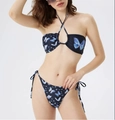Detail of butterfly print bikini with halter metal ring and side-tie high cut bottom - S / Black Blue Butterfly Print