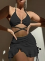 Ensemble bikini 3 pièces noir avec haut dos nu, anneau en métal et jupe de plage à volants - Noir