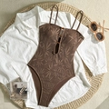 Deep coffee brown one-piece swimsuit with hollow leaf crochet texture and decorative rings - S / Brown