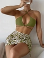 Set bikini 3 pezzi con top all'americana verde oliva e gonna con stampa astratta a onde - S / Verde