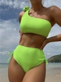 Dettaglio bikini a coste verde neon con fiocco monospalla e slip a vita alta con laccetti - S / Verde Fluorescente