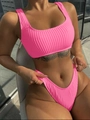 Hot pink ribbed two-piece bikini set with square neck top and high cut swim bottoms - S / Rose Red