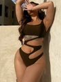 Sexy dark brown monokini with asymmetric cut-outs and Z-shaped geometric straps - S / Coffee