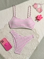 Close-up of pink striped crinkle bikini set with delicate pom-pom trim and lace decor - S / Pink White Stripes
