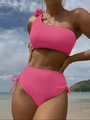 Bikini rosa a monospalla a coste con slip a vita alta con coulisse e decorazione a fiocco - S / Rosa