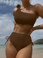 Two-piece dark brown ribbed bikini with one-shoulder top and high-waisted drawstring bottoms - S / Top And Bottom / Coffee