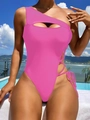 Pink one-shoulder cutout one-piece bikini swimsuit with sexy side lace-up detailing - S / Pink