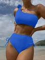 Sexy bright blue ribbed one-shoulder bikini set with high-waisted drawstring bottoms - S / Top And Bottom / Blue