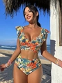 Bikini de dos piezas para mujer con estampado tropical y mangas con volantes - S / Naranja