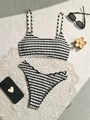 Sexy black and white striped bikini set with textured fabric for summer beach vacation - S / Black & White Stripes