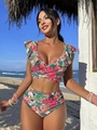 Bikini de dos piezas con estampado floral tropical, mangas con volantes y talle alto - S / Rosa