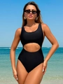 Bañador monokini negro sexy con aberturas y diseño calado para vacaciones de playa - S / Negro