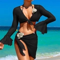 Conjunto de bikini de malla negra de 3 piezas con mangas acampanadas y flores - S / Negro