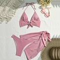 Ensemble bikini 3 pièces rose pailleté avec jupe de plage assortie pour vacances - S / Rose