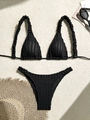 Detailed view of black two-piece bikini with ruffled straps and textured ribbed fabric - M / Black